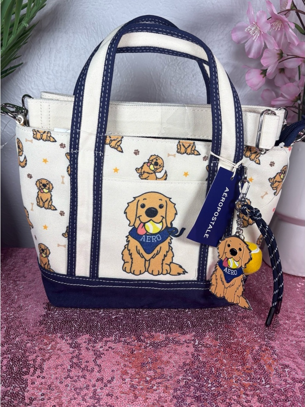 Aero Aeropostale Golden Retriever Dog Tote bag crossbody purse canvas  charms
